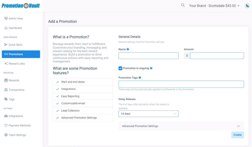The Promotions screen