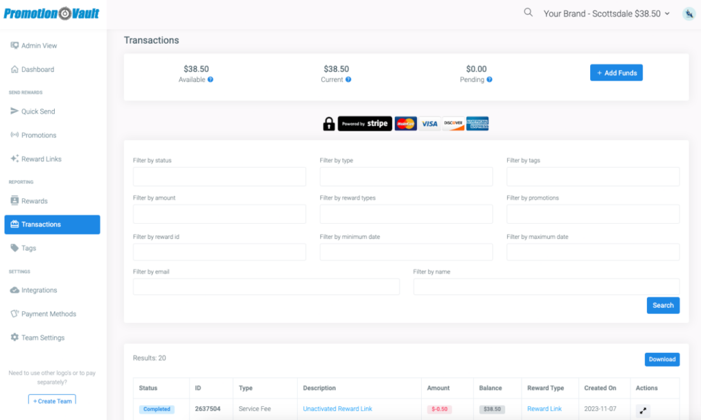 The transactions table
