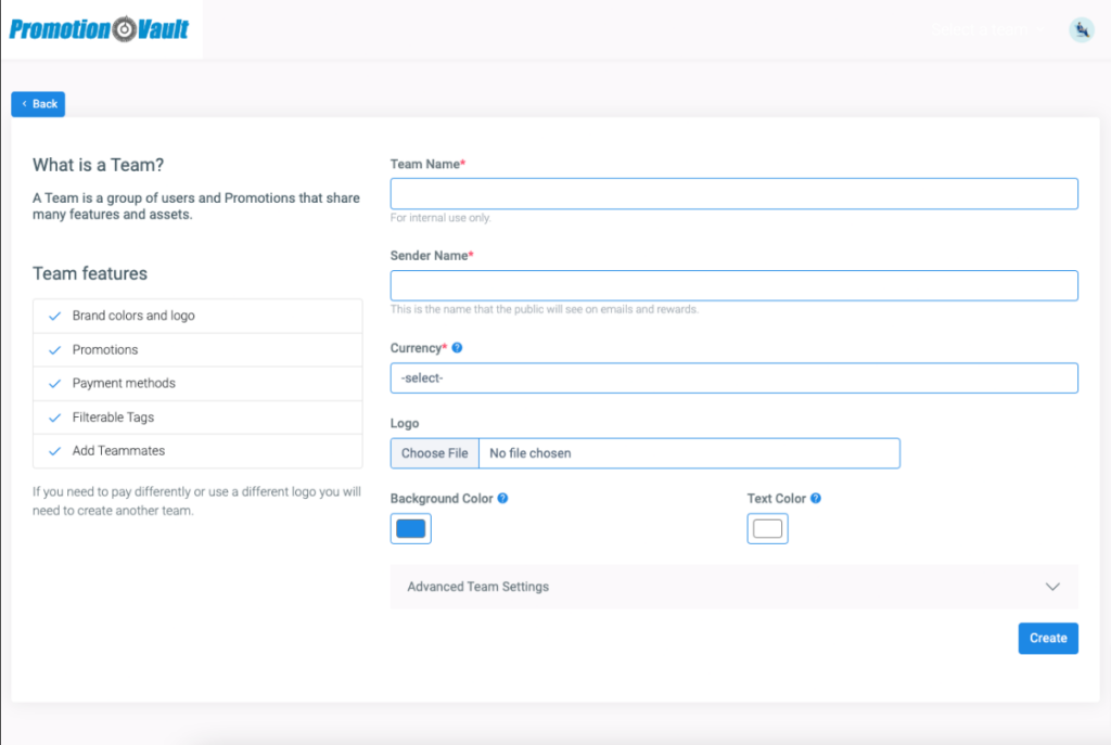 The team setup page