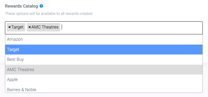 The rewards catalog dropdown