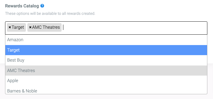 The reward catalog dropdown