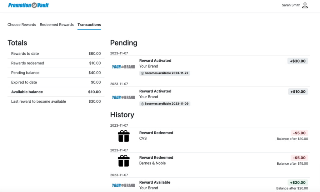 The transactions view