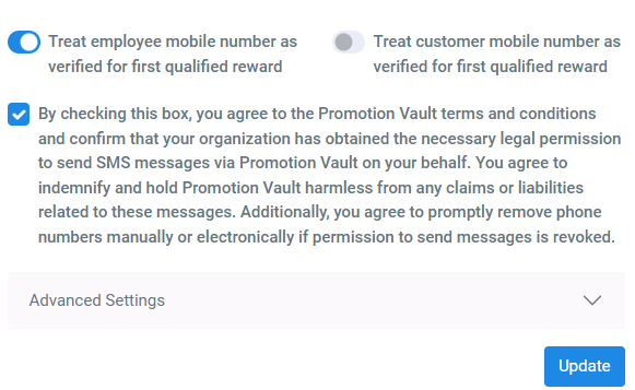 SMS opt-in settings in Promotion Vault