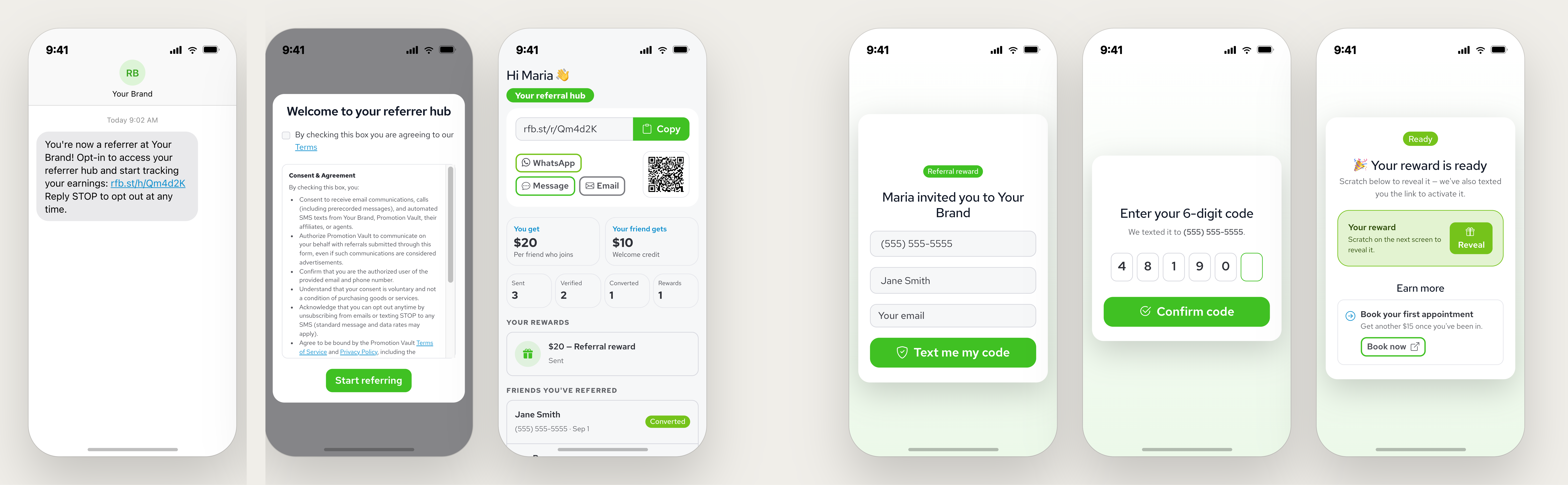 Referral flow — referrer SMS, consent, referral hub, friend lands, friend verifies, reward ready